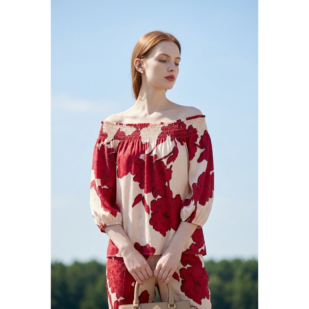 Cato Red Floral Cream Off The Shoulder 3/4 Sleeve Peasant Top Sm Boho Feminine